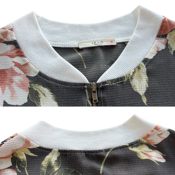 Le Lis Women’s Sz S Gray Blush Pink Floral Zip Chiffon Bomber Jacket Cottagecore - Picture 5 of 16